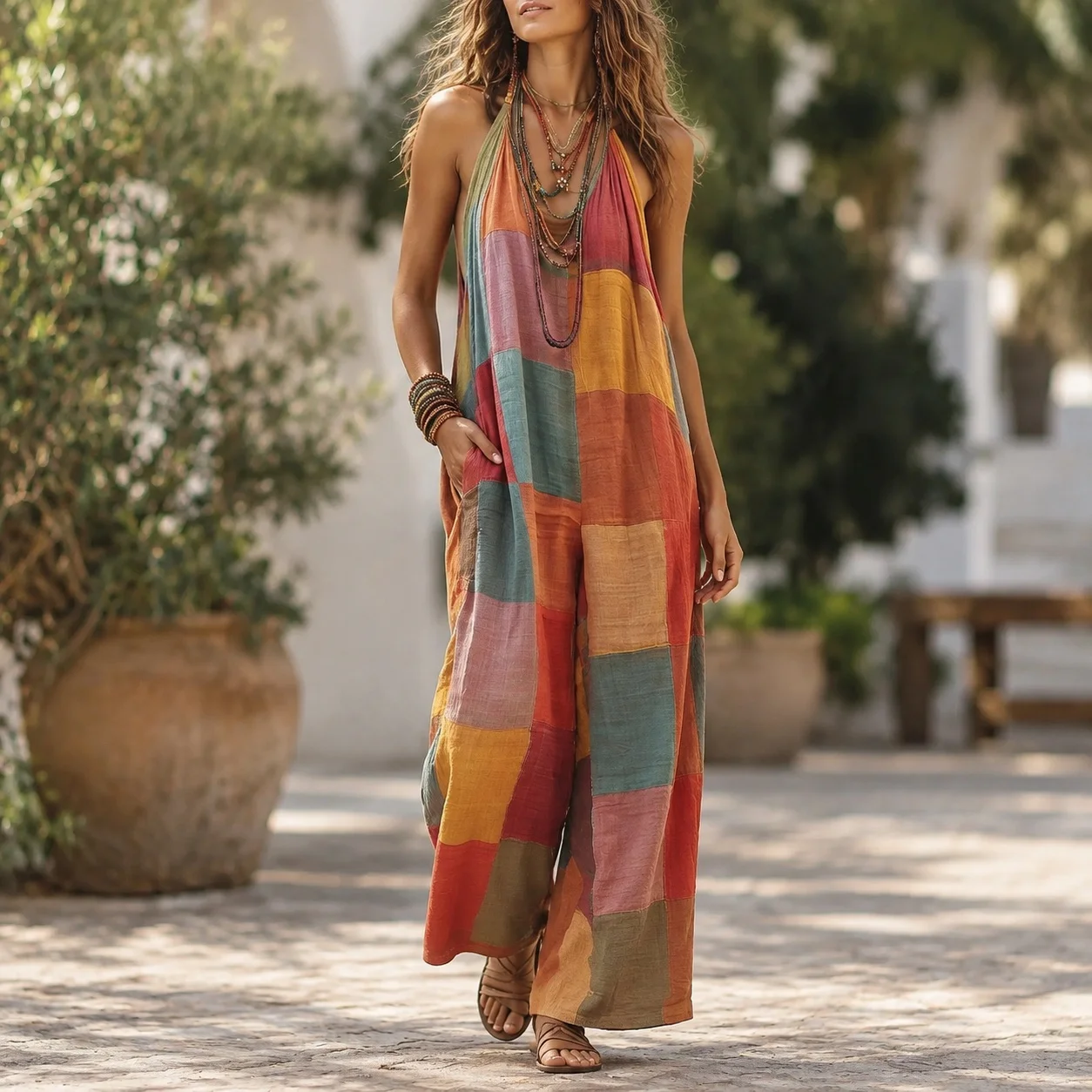 Printed Pants Long Wide Leg Elegant with No Sleeves Loose Waist Lightweight Office Style Full Length Slip on Women Jumpsuit