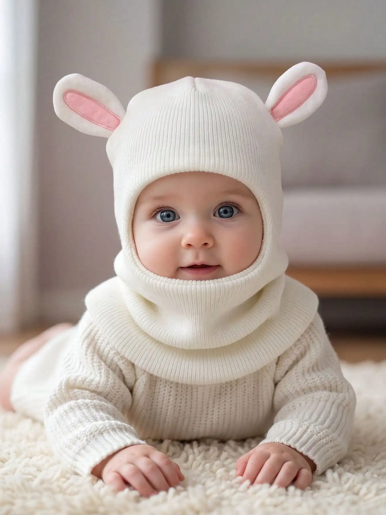 1 Stück 6M-4Y Kleine Mädchen 3D-Kaninchen-Balaclava-Strickmütze, Niedliche Kaninchenohren Weiche Leichte Kinderkopfbedeckung für den Alltag – Detail 2
