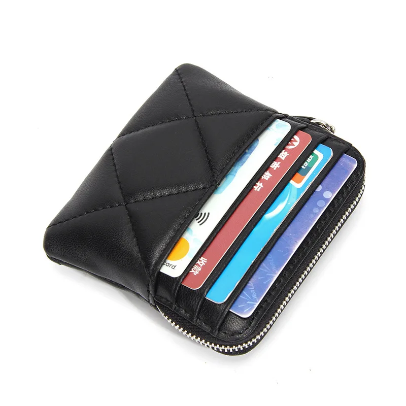 

Women's Leather Card Bag New Sheepskin Lingge Mini Women's Solid Color Coin Bag Headphone Storage Zipper Coin Purse