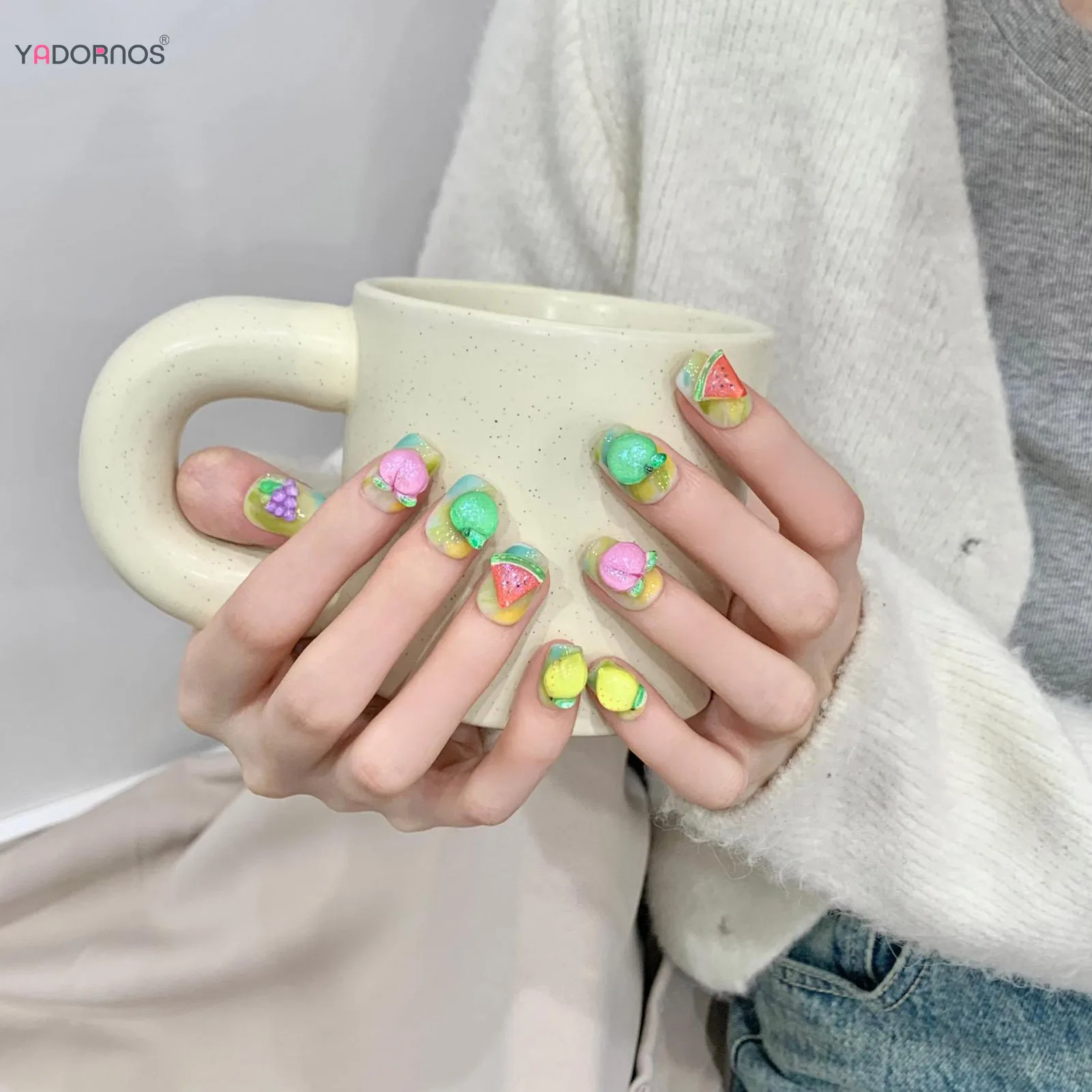 Uñas postizas 3D hechas a mano para manicura, 10 piezas, verde, amarillo, uva, sandía, melocotón, limón, manzana