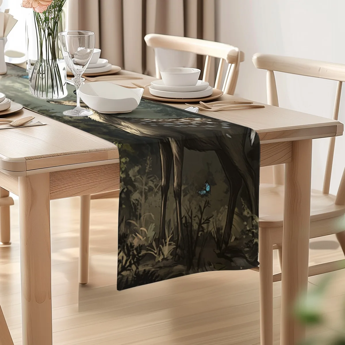 print table runner Forest Deer and Butterfly Vintage Print Table Flag dressing table flag for Kitchen & Home, Housewarming Gift