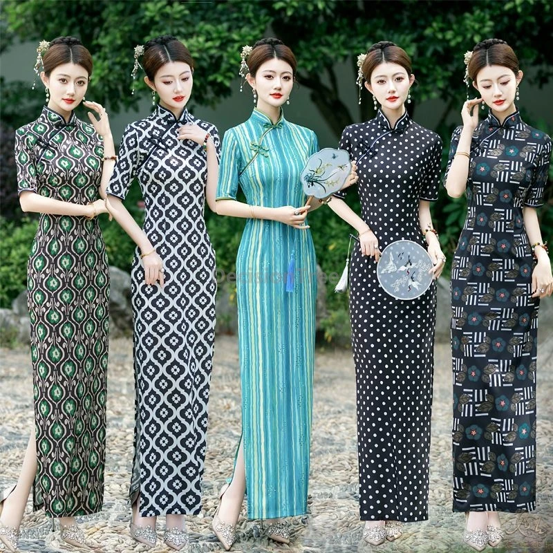 

2025 striped design fashionable sense cheongsam summer chinese style ice silk qipao vintage improved elegant women's daily qipao