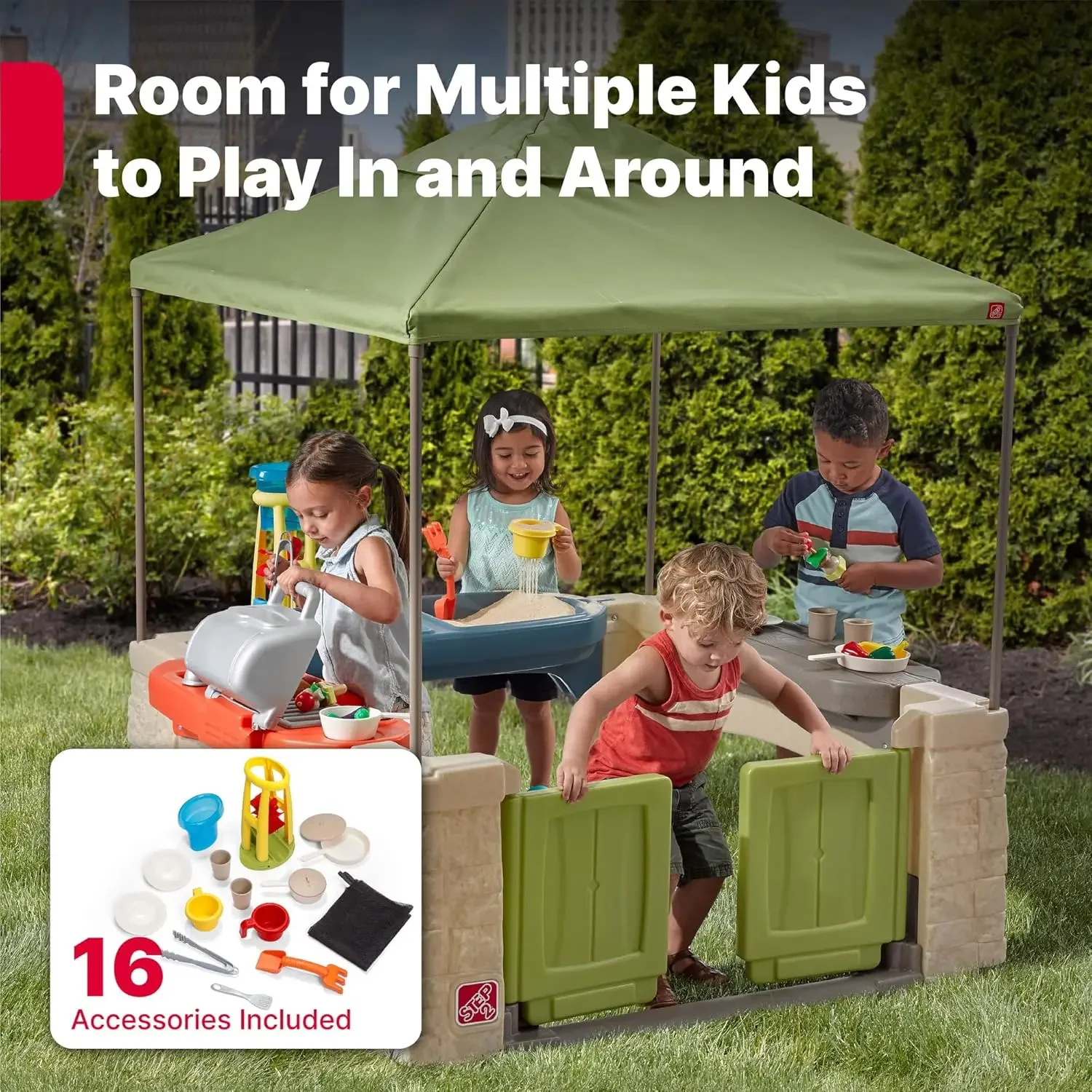 Around Playtime Patio with Canopy, Kid Indoor and Outdoor Kitchen Playset, Sensory Playhouse, Kids Ages 2+ years old,