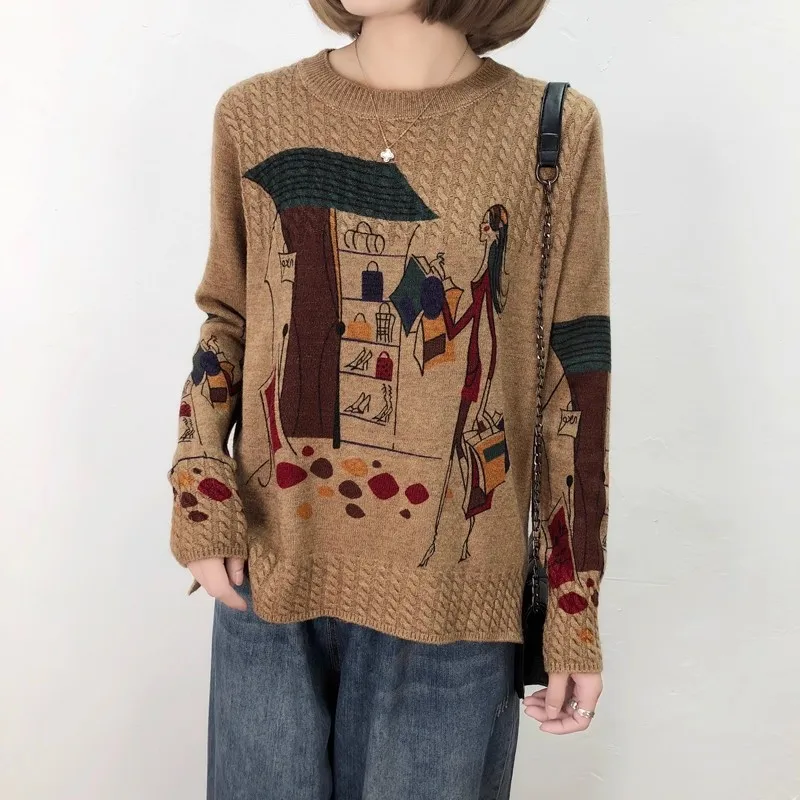 Women's Loose Thickened Autumn Winter Knitted Sweater Fashionable Retro Ethnic Style Outerwear Belly Covering Knitwear
