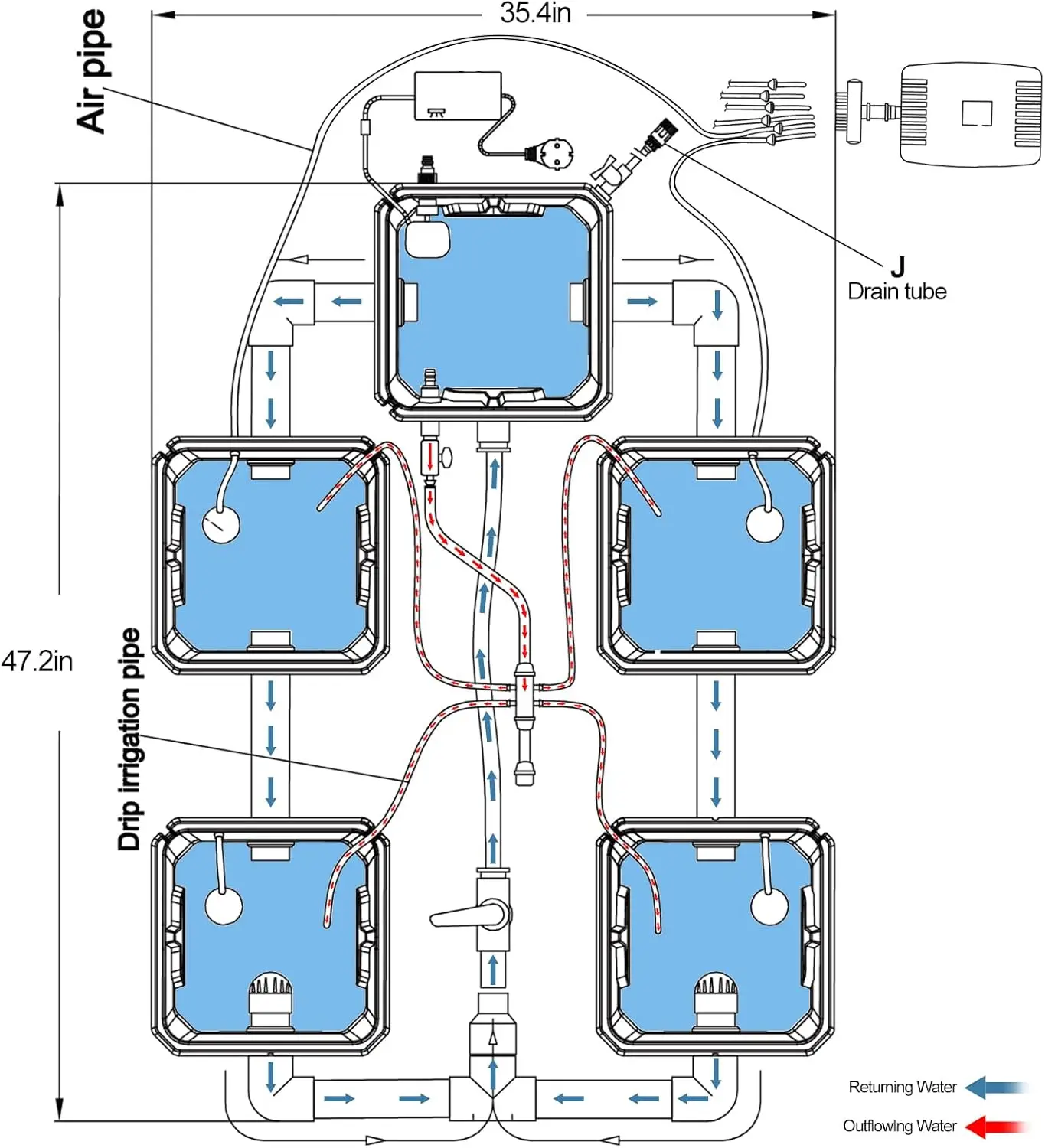 RDWC Hydroponics Grow System 4 Site + Reservoir, 7-Gallon Top Drip Recirculating Deep Water Culture Hydroponic Bucket System