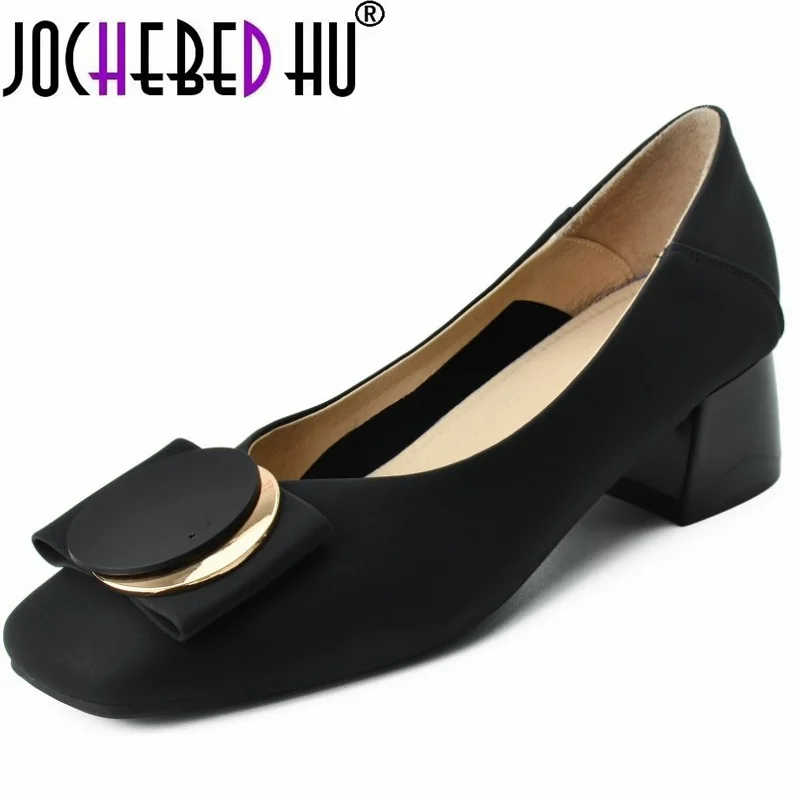 

【JOCHEBED HU】Real cowhide high-heels autumn new thick heel square head shallow rhinestone single-shoes women's slip-on 34-40