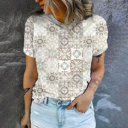 Elegant Women's T-shirt Retro Cashew Flower Pattern Fashion Print T-shirt Summer Leisure Women's Popular Short Sleeved T-shirt