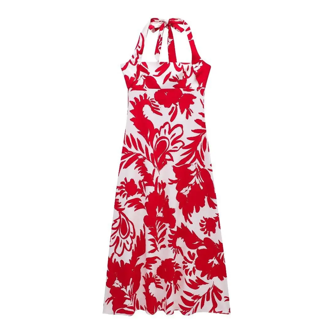 Women's Halter Neck Printed Dress Lace-up Backless Zip High Waist Sleeveless Holiday Style A-line Dress Summer New Chic Top