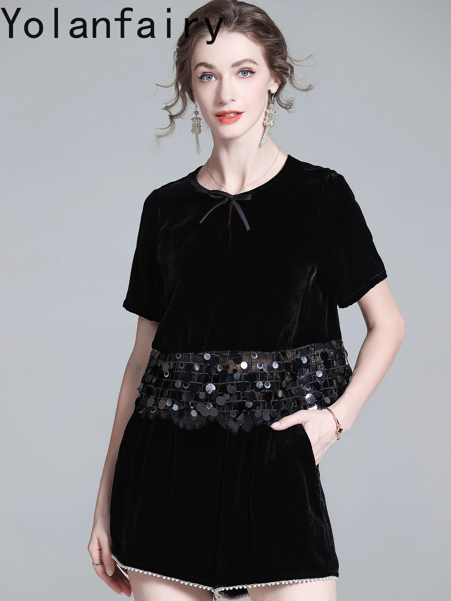 YOLANFAIRY Real Silk Velvet T Shirts Woman Elegant Vintage Ladies Tops Blouses Korean Style Heavy Sequin Tee Shirt Black Shirts