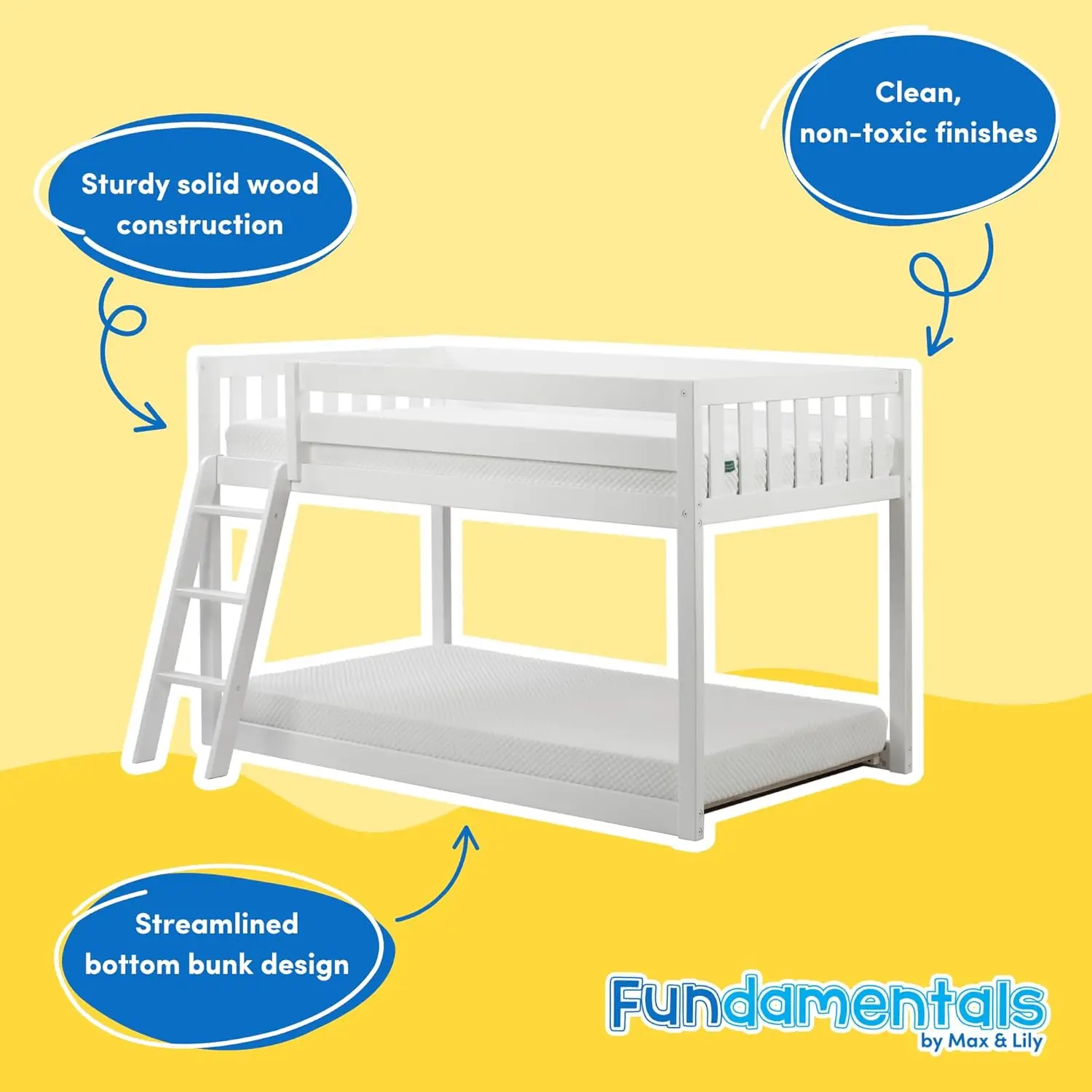 Fundamental Twin Low Bunk Bed, Kids Solid Wood Modern Bed Frame with Strong Wooden Slats,  High Weight Capacity, White