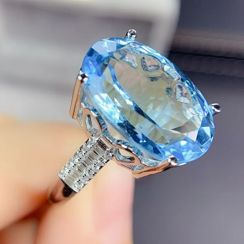 Anillos grandes de 5 quilates con piedras preciosas de Aguamarina y topacio azul cielo para mujer, anillos de diamantes con relleno de oro blanco de 18 quilates, joyería de plata 925, regalos de fiesta