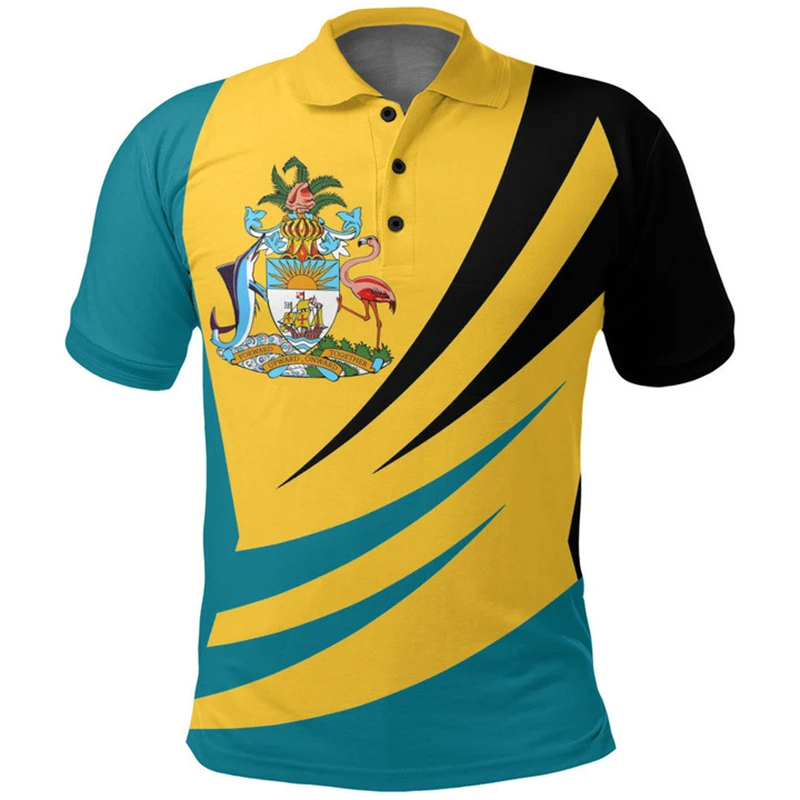 Bahamas Flag 3D Printed Polo Shirt Men's Summer New Casual Buttons Tee Shirts Lapel Short Sleeve Polo Shirt Hombre Ropa Tops 4XL