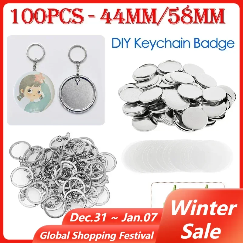 100PCS 44mm 58mm Keychains Badge Making Parts Metal/Plastic Base Blank Key Chians Key Ring Badge Button DIY Materials