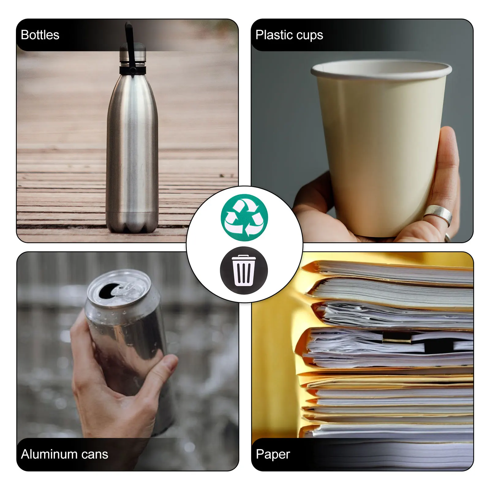 6Pcs Trash Recycling Stickers Garbage Can Stickers with Clear Graphics Waste Container Labels for Office Park Public Area Easy