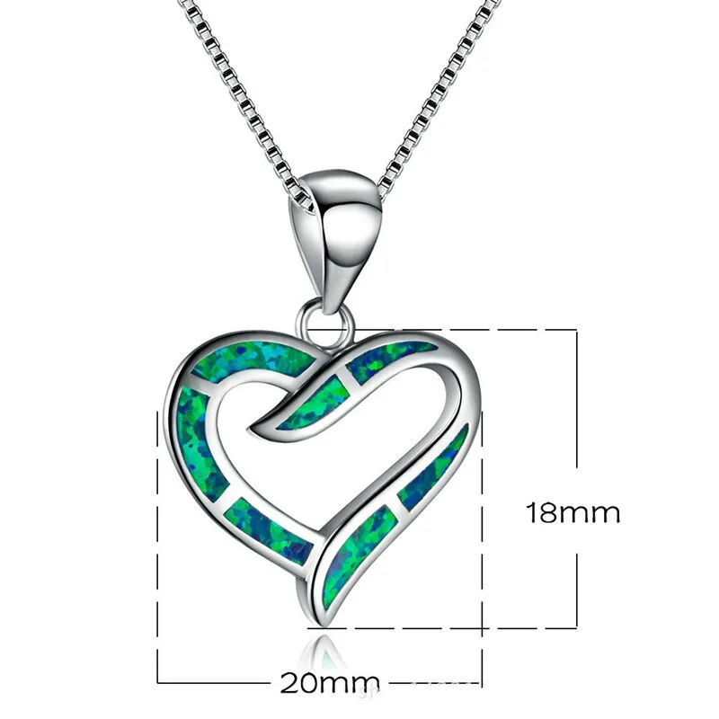 Women's Pretty Heart Green Simulated Opal Silver Pendant Chain Necklace Jewelry
