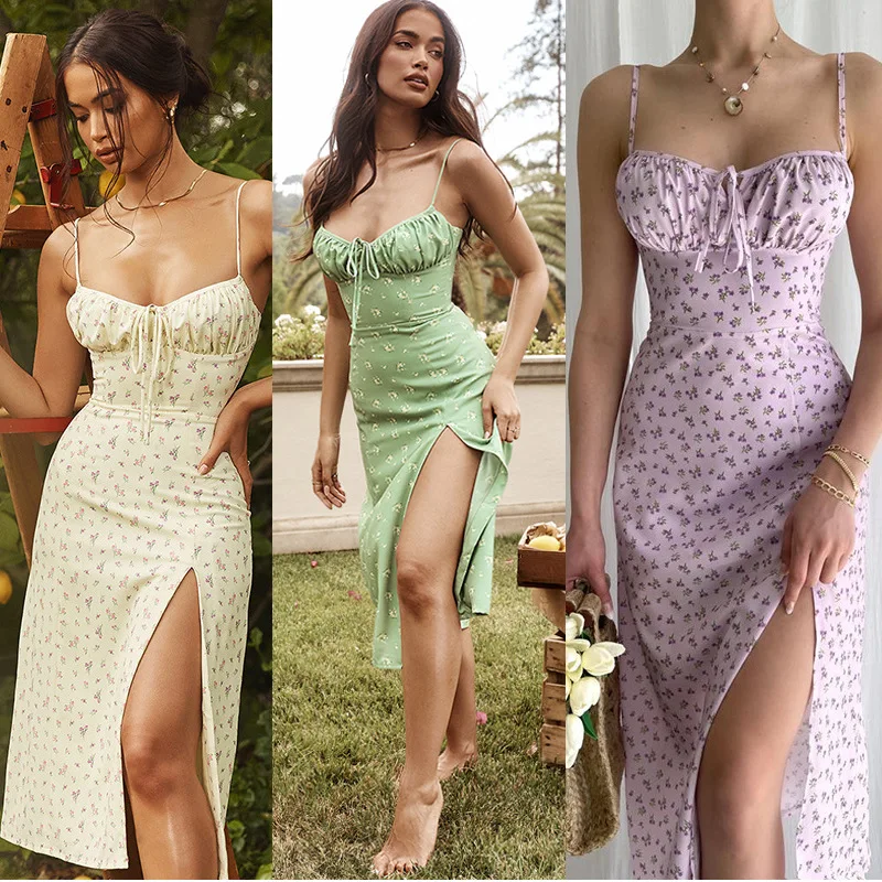 Robe Maxi d'été à imprimé Floral pour femmes, bretelles Spaghetti, fente haute, vêtements de détente décontractés pour le confort des vacances, nouvelle collection