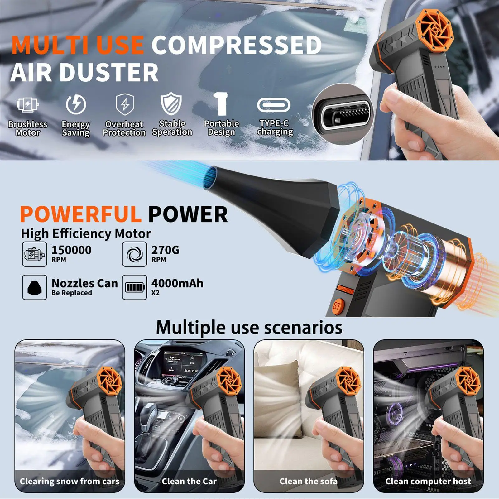 

Dust Blower Portable Adjustable 8000mah Powerful Car Cleaning Blower Snow Air Duster For Truck RV SUV Frost Household Office