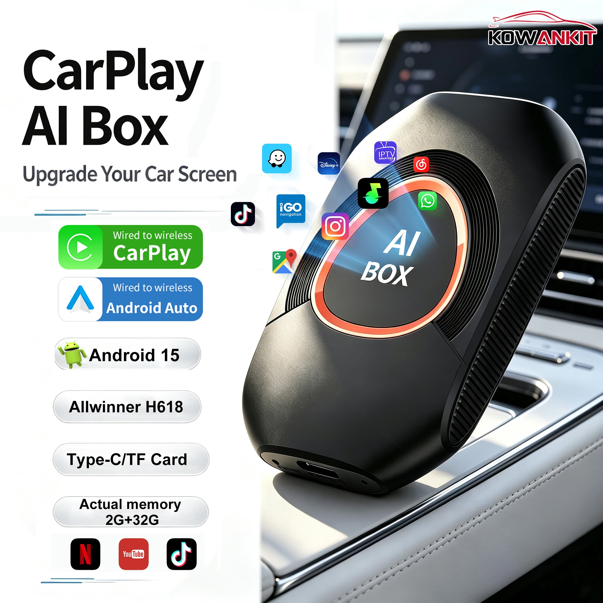 KOWANKIT Android15 Wireless CarPlay/Android Auto 4in1 CarPlay Ai Box 4Cores 2GB RAM+32GB ROM Plug and Play Stable Transmission