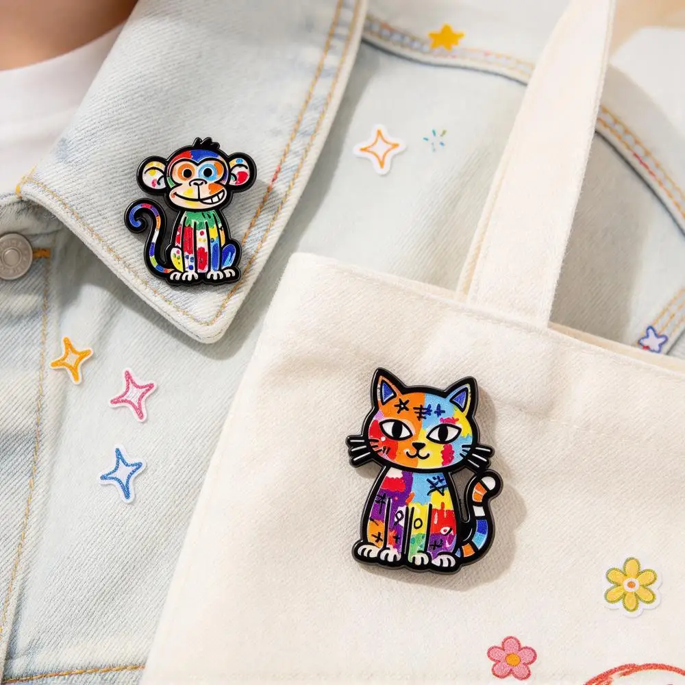 Pop Art Patchwork Animal Brooch Dog Cat Monkey Metal Enamel Pins Badge on Backpack Clothing Accessories Jewelry Gift for Friends