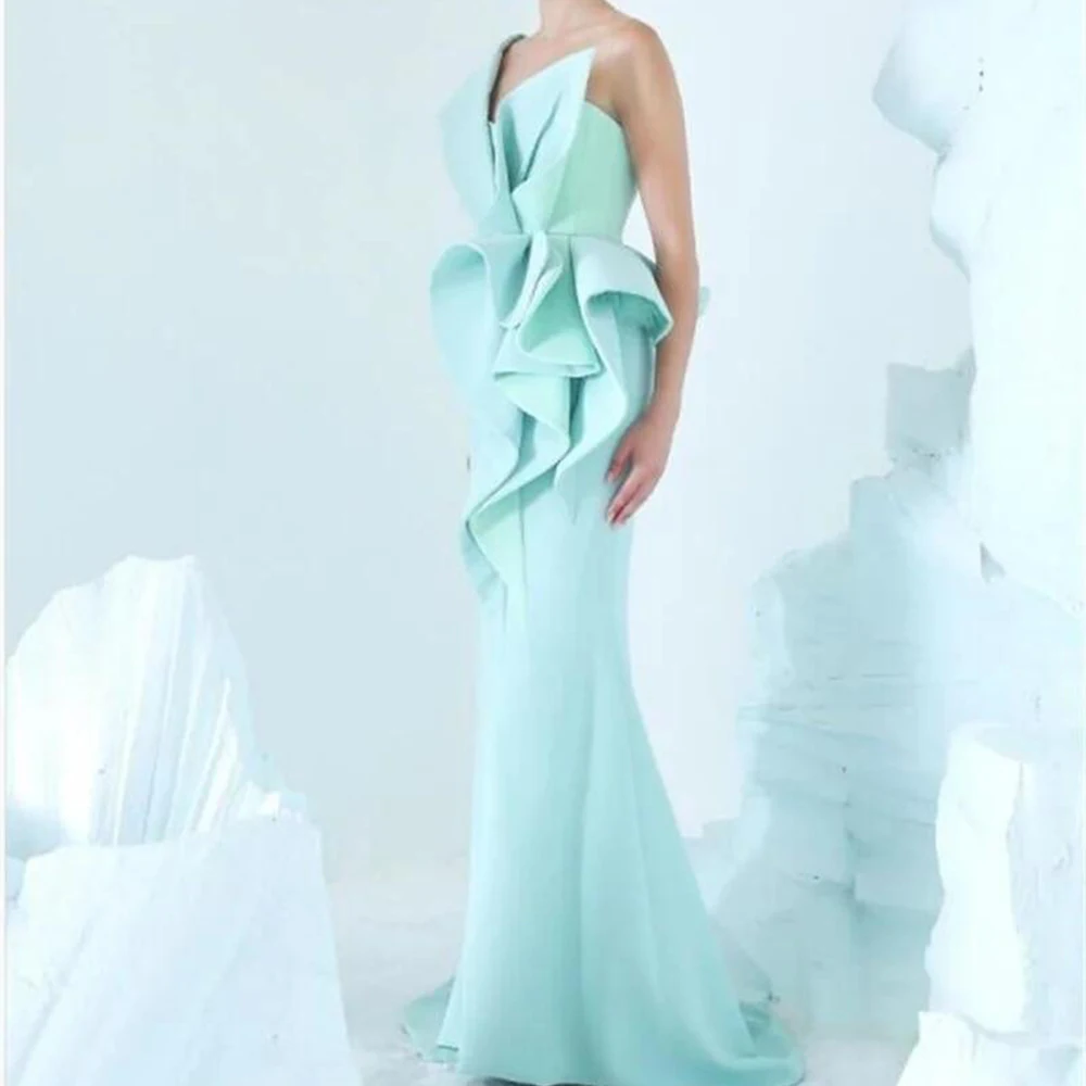 

Mint Green Sexy Prom Dresses Sleeveless One-Shoulder Ruffles Floor-Length Evening Gowns Custom Made Fashion New Robes De Soirée