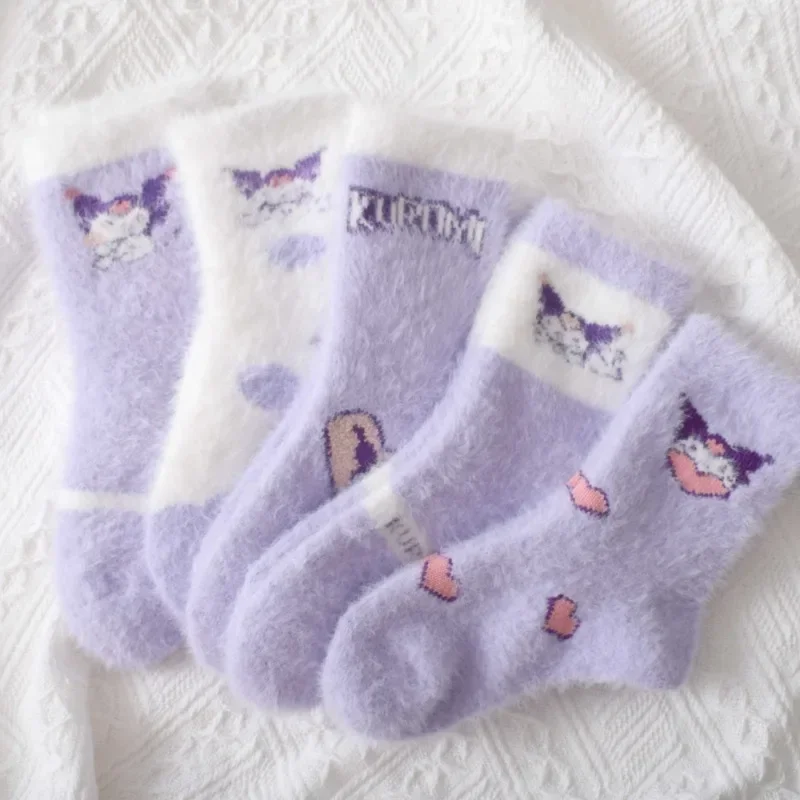 

5pcs MINISO Anime Kawaii Fashion Children Thick Socks Cute Cartoon Cashmere Kuromi Ins Midtube Baby Stocking Gifts for Kids