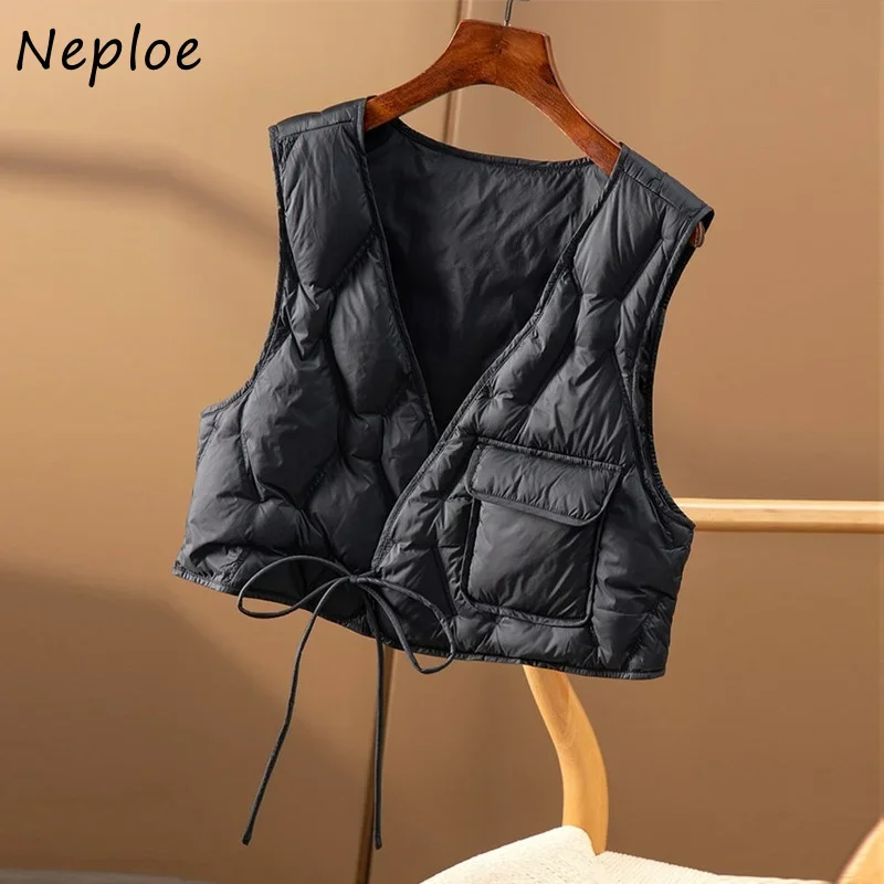 Neploe Cropped Women\'s Waistcoat Fashion Drawstring Solid Color Cotton Waistcoats Sleeveless Outerwear Winter Vest Jacket Female