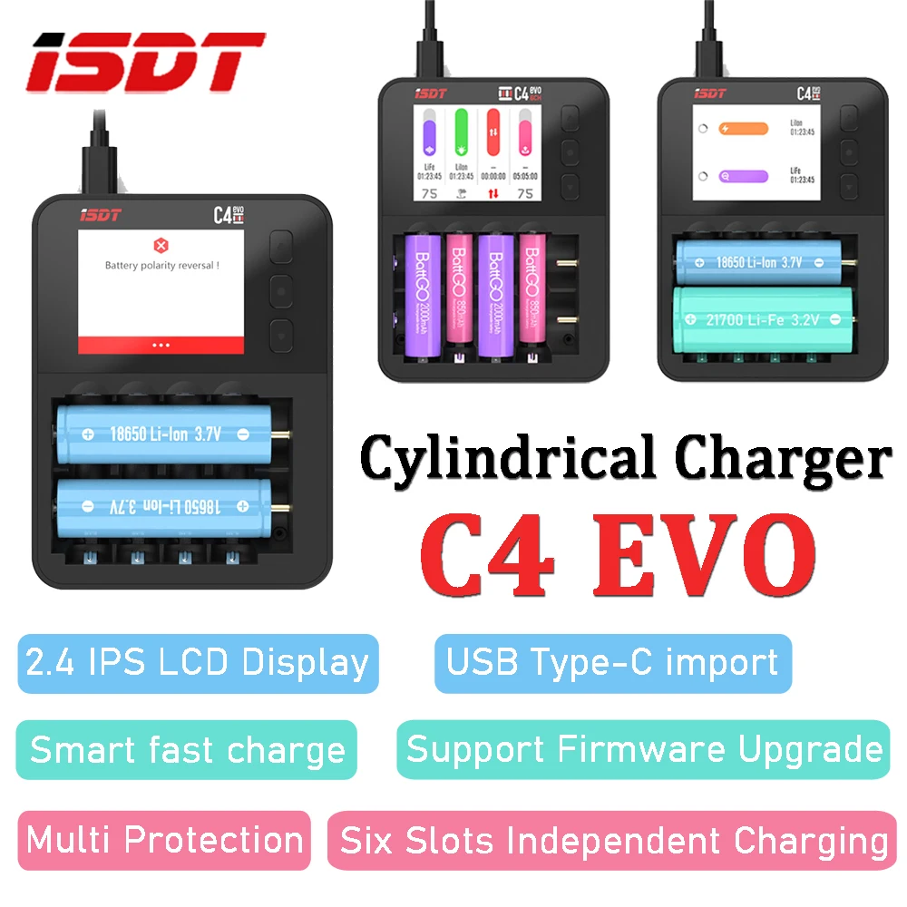 

ISDT Smart Fast Charge C4 EVO Six Slots Independent Charging Cylindrical Charger for AA AAA Li-ion Battery IPS Display Screen