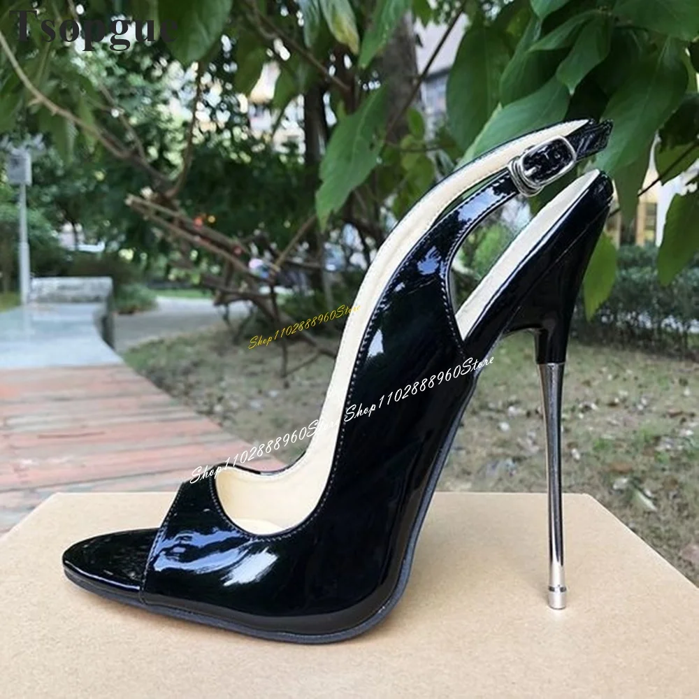 

Shallow Slingback Black Metal Heel Sandals Thin High Heel Shoes For Women Back Strap Peep Toe 2024 Fashion Zapatos Para Mujere