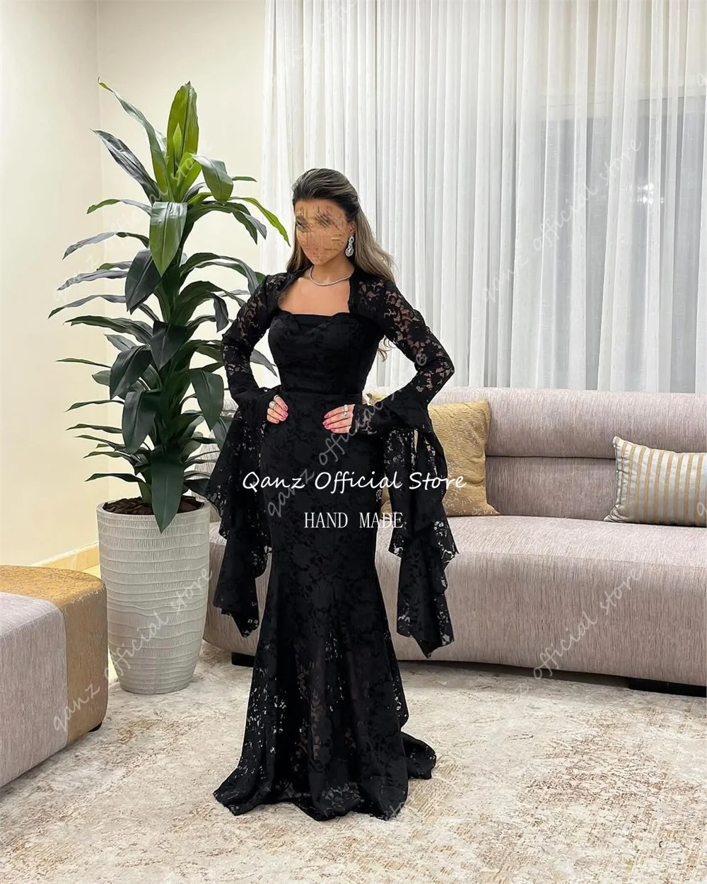 Qanz Dubai Luxury Dresses Women Evening Dresses Black Lace Appliques Long Sleeves Elegant Specila Occasion Dress Customized