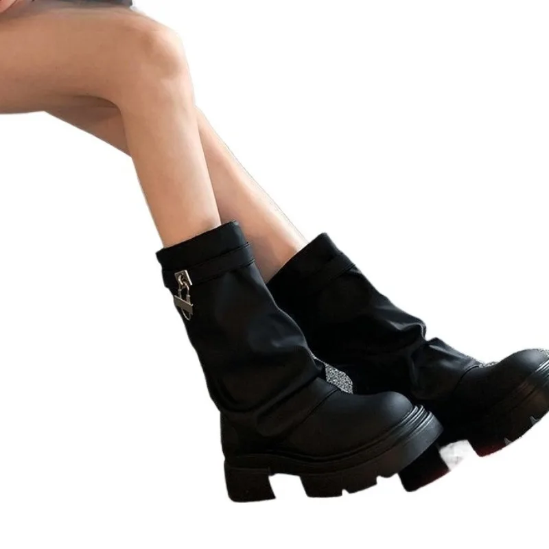 Heel Boots Shoes  Round Toe Luxury Designer Boots-Women Elegant Lolita Autumn Rock Ladies Fashion Ankle 2025 Solid Slip