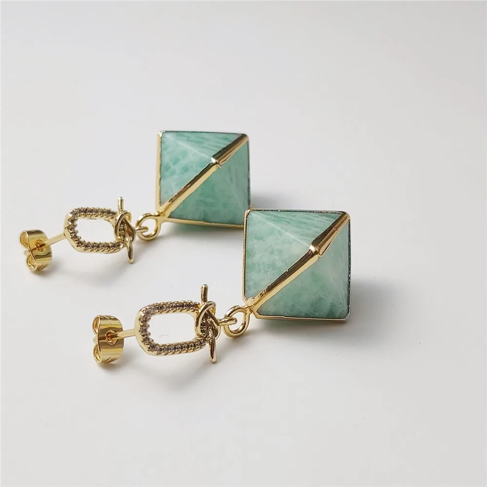 FUWO 1Pair Natural Amazonite Earrings, Pyramidal, Accessory Inset Zircon Golden Plating,Exquisite Fashion Eardrop (ER476ZC-2)