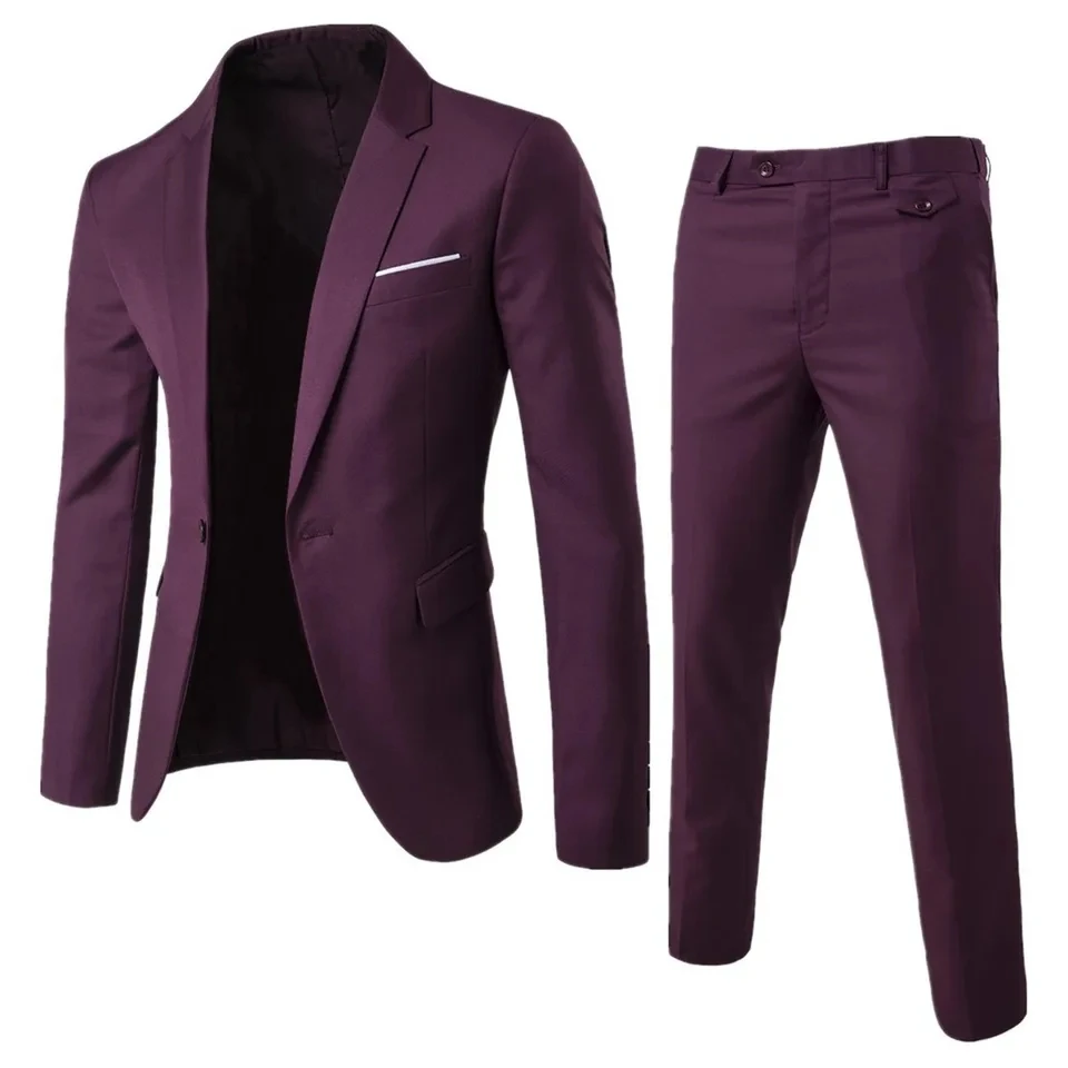 

Men's Korean Version Four Seasons New Fashion Solid Color Single Button Suit Jacket+trousers Casual Slim-fit Suit Two-piece Set