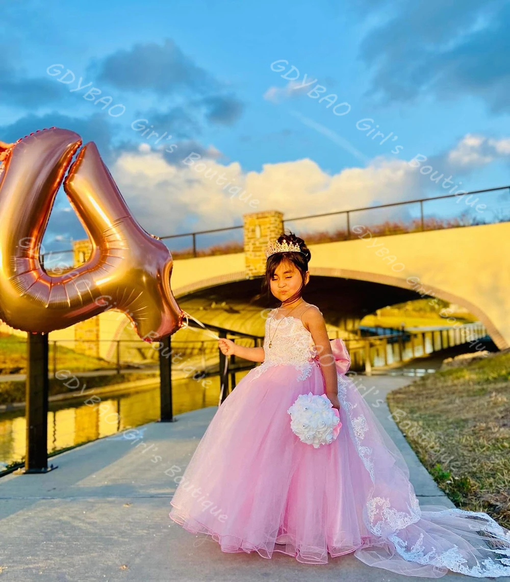 

Pink Birthday Dress With Train Lace Flower Girl Dress Applique Tulle Princess Pageant Frock Custom 2-14 Kids Wedding Party Gown