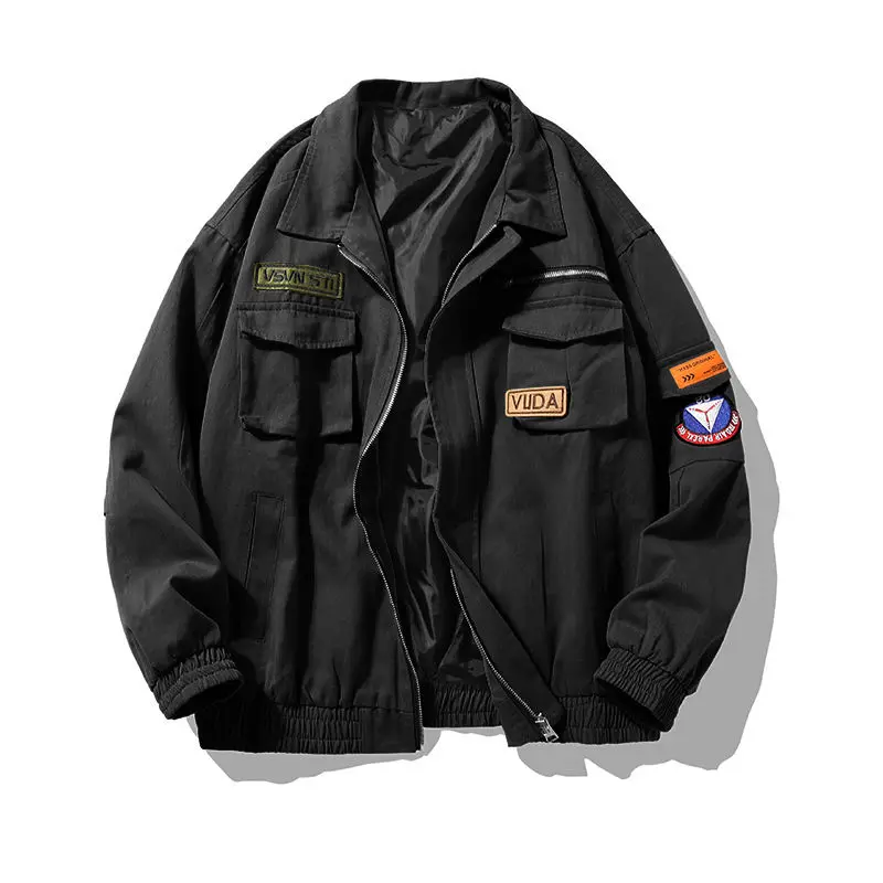 Spring Autumn Cargo Coat Men Bomber Jacket Multi-pocket Embroidery Zip Up Outerwear Loose Casual Tops Long Sleeve Outdoor Jacket