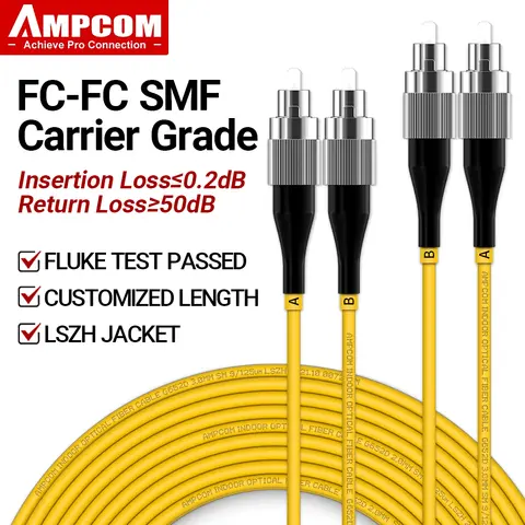 AMPCOM FC to FC Duplex Single Mode Fiber Optic Patch Cable, 9/125µm OS2, LSZH OFNR, Bend Insensitive Jumper 1-30Meters