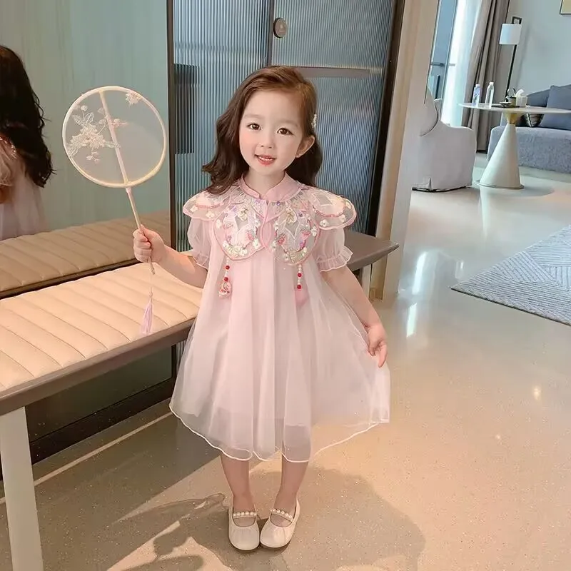 Hanfu Children\'s Dress Summer Girl Baby Short Sleeve Dress New Tang Embroidered Princess Dress