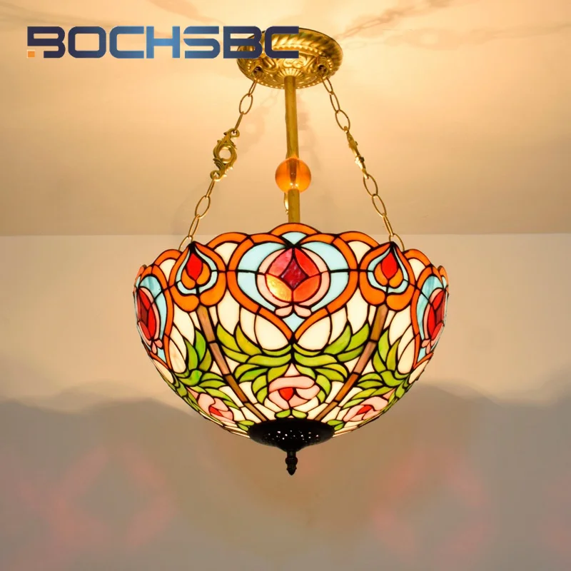 BOCHSBC Tiffany Vintage style peach hanging bowl light Glass art Deco dining room Room Bedroom hotel inverted pendant light