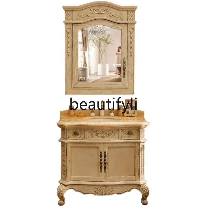 35Small apartment European bathroom cabinet mirror cabinet marble oak, floor-to-ceiling solid wood washstand red oak