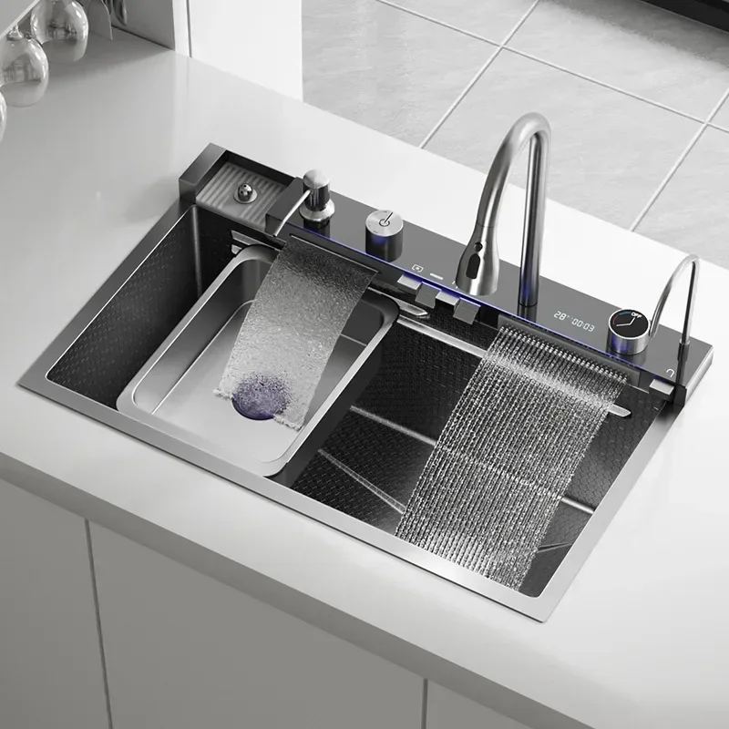 Digital Waterfall Stainless Steel Kitchen Apartment Handmade Washbasin Honeycomb Embossed Large Single Sink