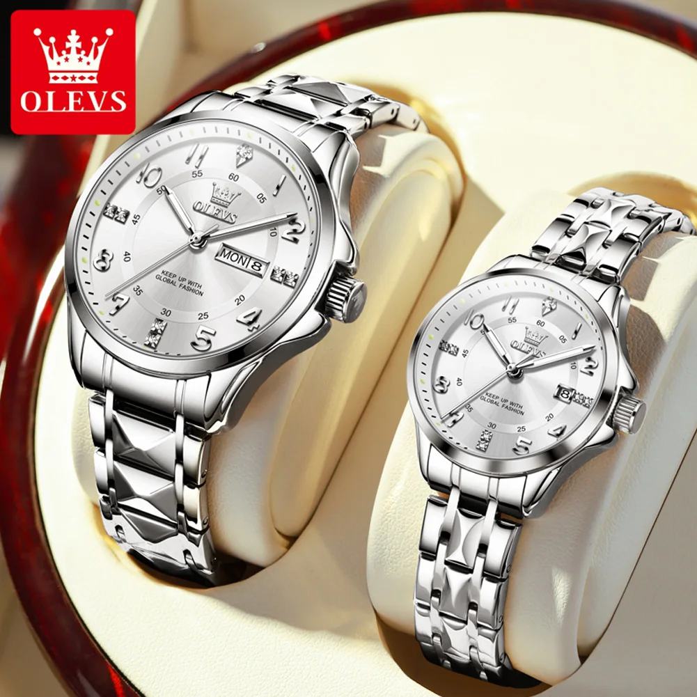 OLEVS 2910 Couple Watch Steel Strap Quartz Movement Luminous Display Date Diamond Inlay Water Resistant Casual Wristwatch