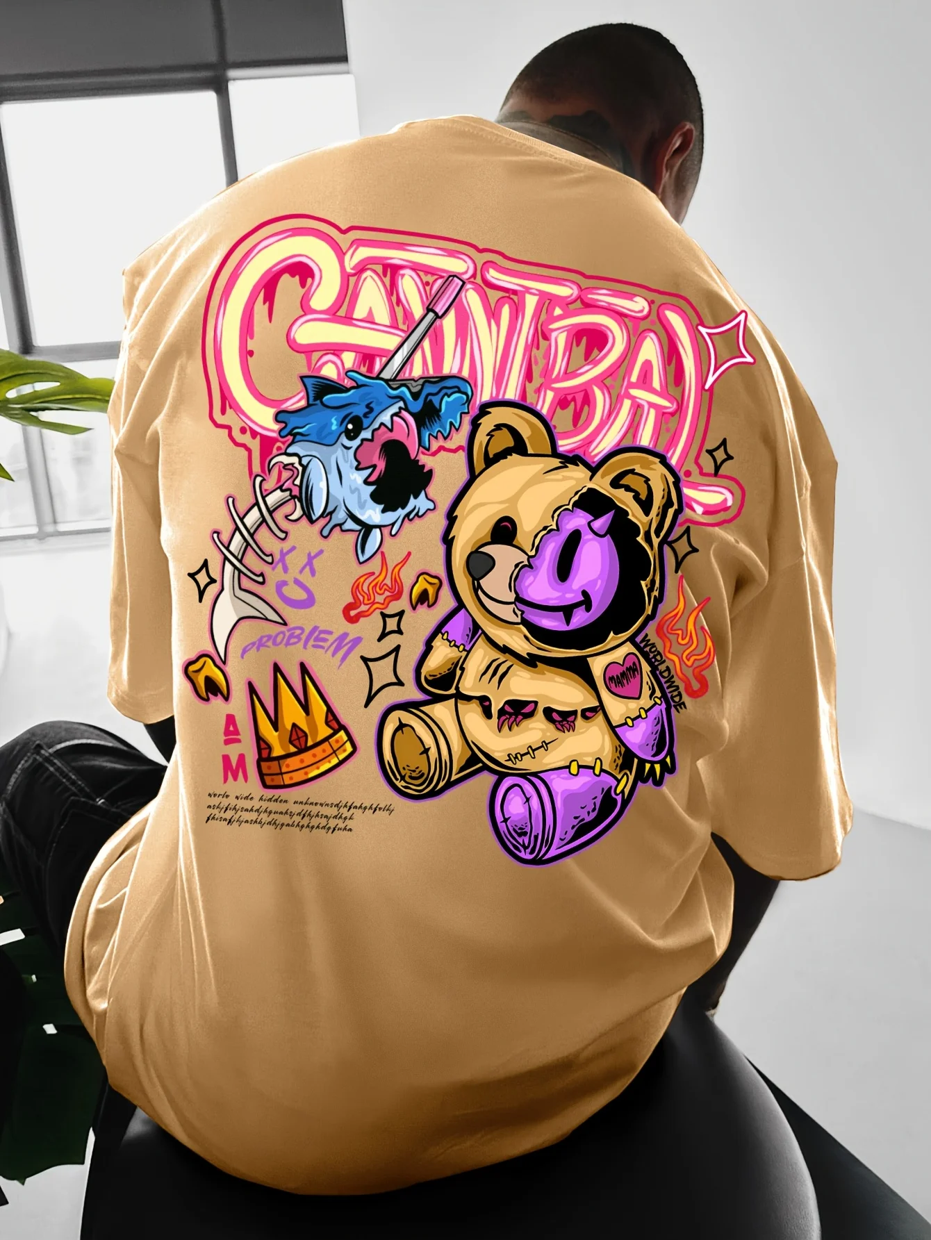 European and American fashion men's summer devil bear print comfortable and breathable round neck T-shirt outdoor street top