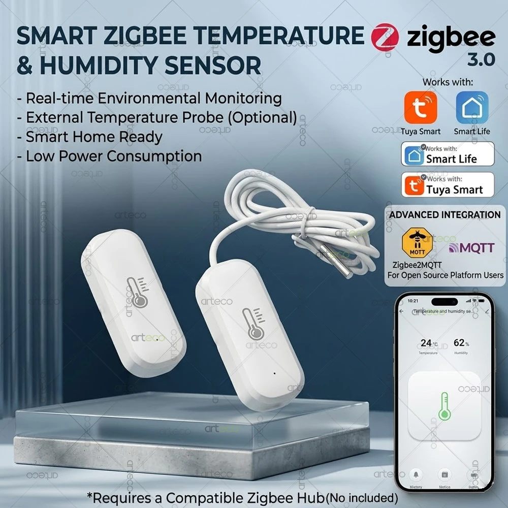 Capteur de température et d'humidité Zigbee, sonde externe, thermomètre en option, prise en charge de l'automatisation de la maison intelligente, Tuya Smart Life Zigbee2MQTT
