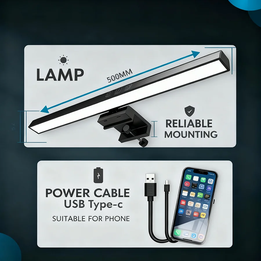 شريط إضاءة شاشة LED ضوء ليلي قابل للتعتيم مع 3 ألوان مصباح مكتبي تعلم مكتب القراءة حماية العين شاشة معلقة