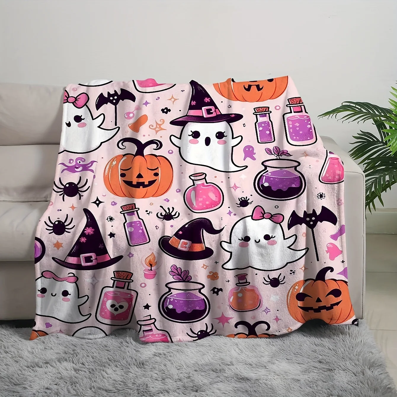 

"Cute Halloween Blanket with Ghosts, Pumpkins and Potion Bottles, Soft Fleece for Festive Home Decor, Perfect Gift for Kids"