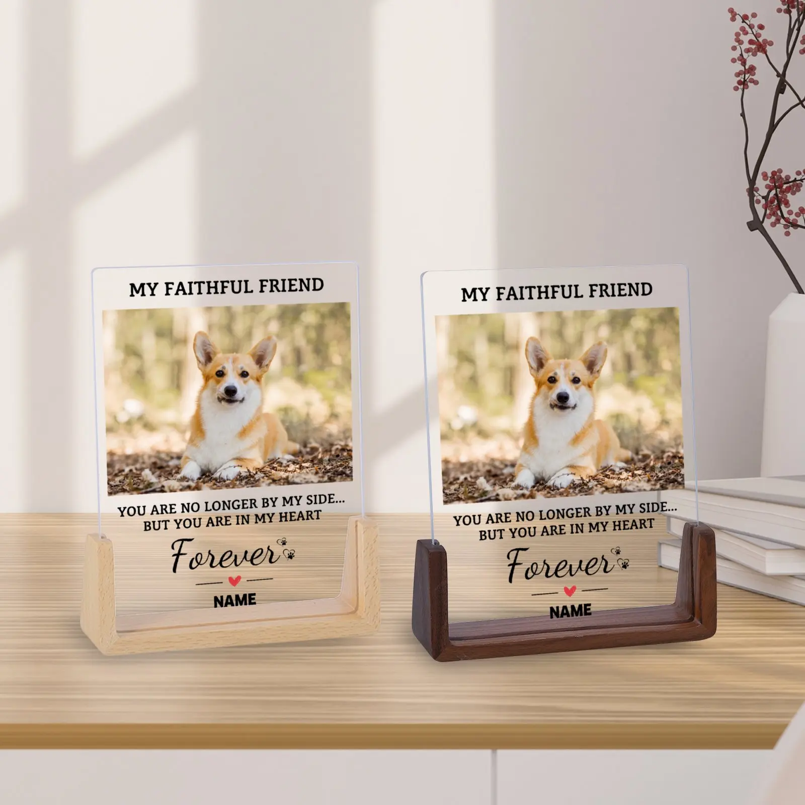 Customize Dog Memorial Picture Frame with Wood Base Loss of Pet Gift for Dog Owner Cat Mom Desktop Display Photo Frames Decor