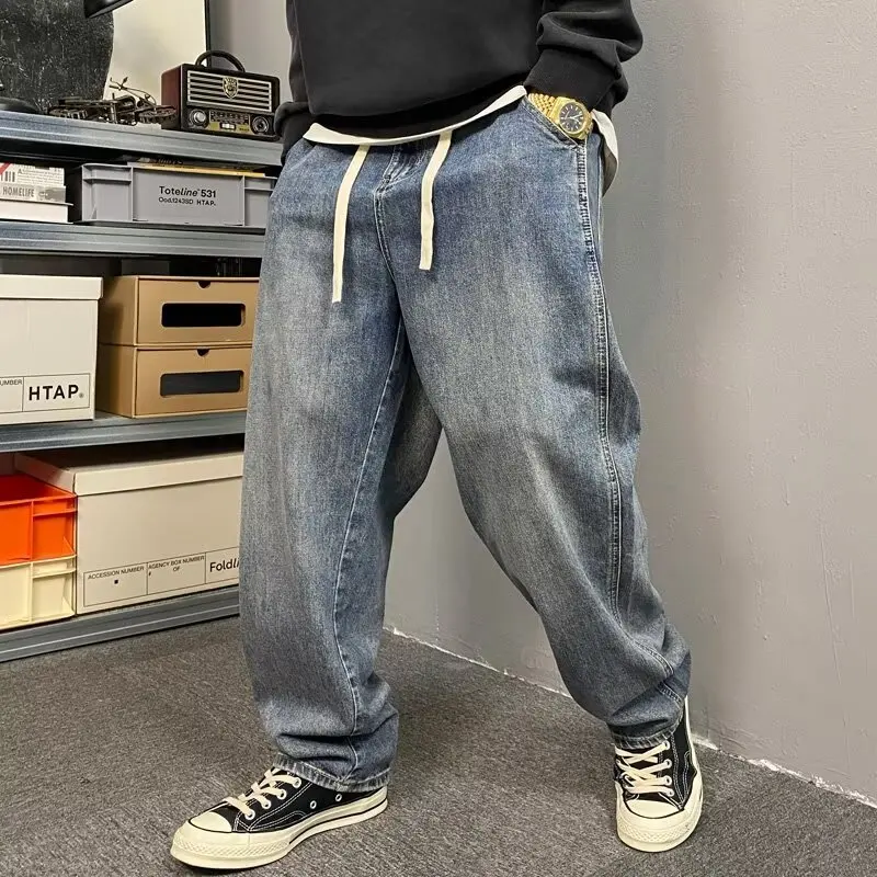 New American Style Men Light Blue Drawstring Simple Basic Loose Fit Casual Trendy Harem Denim Trousers Male Jeans Pants Clothes
