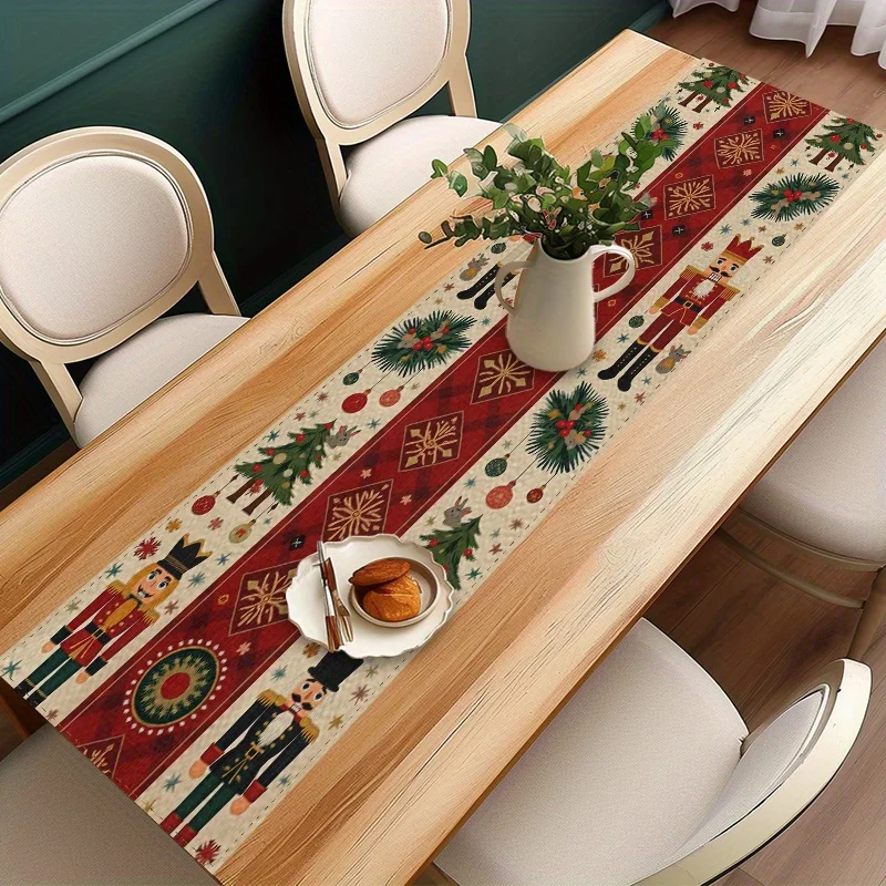 1pc Festive Christmas Table Runner with Nutcrackers Pine Trees & Ornaments, Durable Polyester Easy‑Clean Seasonal Table Accessor