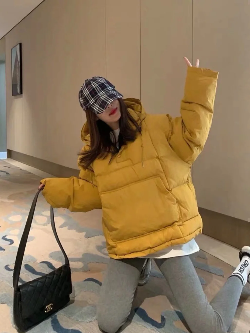 ルーズフィットダウンコットンパーカー女性の秋冬ストレートカット厚みのあるロングSveピュアカラーブレッドSle Jaetコート