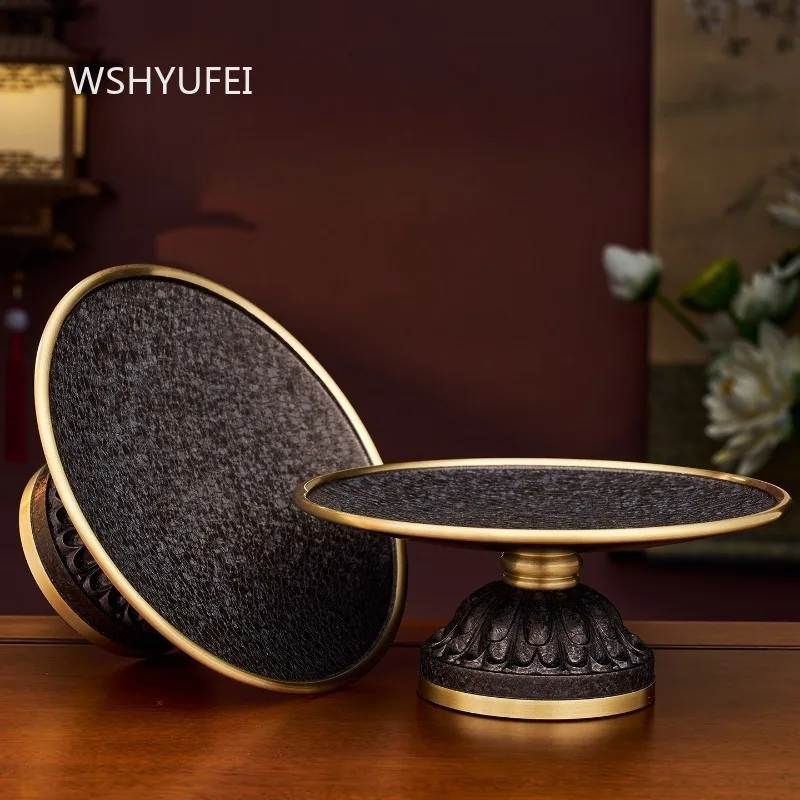 Chinese Style Altar Offering Tray Gold Rim Black Speckled Metal Lotus Pedestal Plate for Tea Ceremony Temple Home Blessing