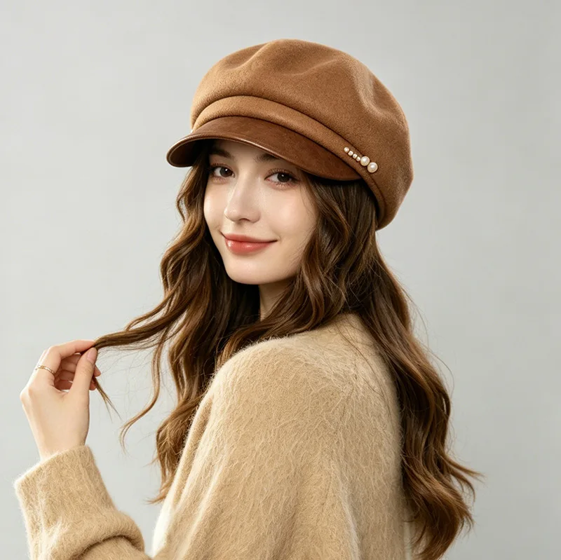 autumn-winter-woolen-beret-hat-women's-warm-duckbill-cap-vintage-octagonal-hat-cozy-pumpkin-hat-adjustable-unisex-color
